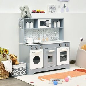 RELAX4LIFE Cucina Giocattolo in Legno per Bambini, Mini Cucina con Forno, Microonde, Distributore d'Acqua e Telefono, Luci e Suoni Realistici, per Bambini 3+ Anni