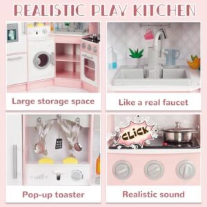 Angolo per bambini cucina con circolazione dell'acqua, lavello, angolo in legno, set da cucina con frigorifero e fornello a induzione, regalo per bambini di età compresa tra 3 (rosa)