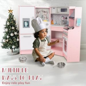 Angolo per bambini cucina con circolazione dell'acqua, lavello, angolo in legno, set da cucina con frigorifero e fornello a induzione, regalo per bambini di età compresa tra 3 (rosa)