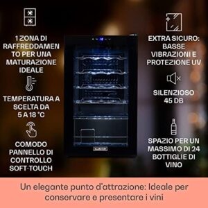 Cantinetta vino refrigerata con zona singola per vino rosso, bianco e birra, controlli touch e capacità 63L per esterno/interno.