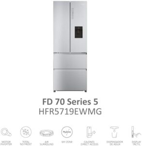 Frigorifero Haier French Door HFR5719EWMG con dispensa per acqua MyZonePlus e effetto acciaio INOX