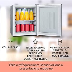 Mini frigorifero KLARSTEIN, 38L, silenzioso, ripiani regolabili, ideale per bevande e snack.