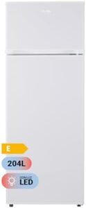 Frigorifero doppia porta 144 cm bianco, 208 litri, scaffali e cassettiere inclusi.