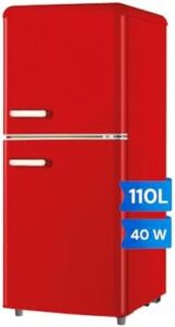 Frigorifero vintage rosso a doppia porta 72L, congelatore 38L, luce interna.