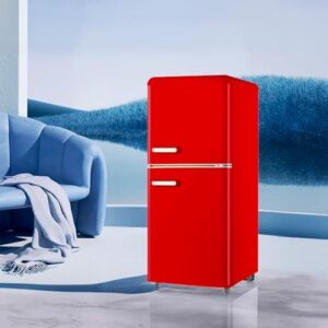 Frigorifero vintage rosso a doppia porta 72L, congelatore 38L, luce interna.