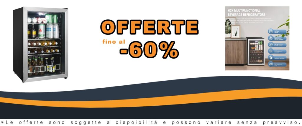 Frigorifero per bevande HCK 115L con porta in vetro e 4 ripiani regolabili da libero posizionamento.