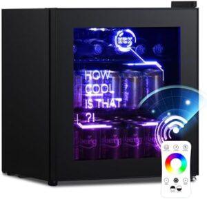 Mini frigo da 48L, design cyberpunk, illuminazione, porta vetro, nero.