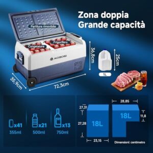 Frigo portatile AAOBOSI 36L, doppia zona, con WiFi, per auto, camper e barca.