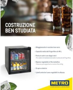 Mini frigo professionale METRO GPC1046 nero, 46L, porta vetro, ripiano regolabile.