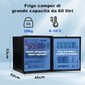 Frigorifero da campeggio Smeta 12V, 60L, nero, silenzioso per auto, barca, camper.
