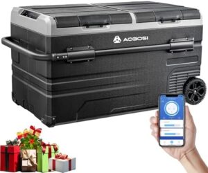 Frigorifero portatile AAOBOSI 115L, controllo Wi-Fi, porta USB, 12/24V e 100-240V.