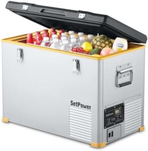 Frigorifero portatile RV45S, 12V, zona singola, ideale per viaggi e campeggio.