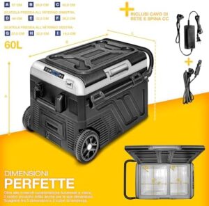 Frigorifero compressore elettrico 60 litri con controllo WiFi, porta USB, ideale per auto, camper e barca.