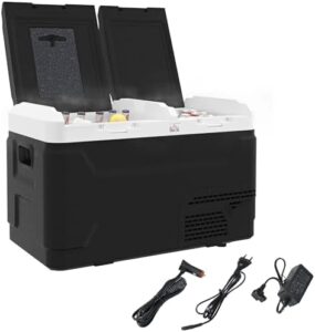 Frigorifero portatile HOMCOM 40L, 2 zone, luce LED, 12/24V DC e 100-240V AC, congelatore fino a -20°C.