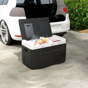 Frigorifero portatile HOMCOM 40L, 2 zone, luce LED, 12/24V DC e 100-240V AC, congelatore fino a -20°C.