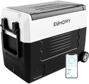 Frigorifero portatile EUHOMY 58 litri, controllo APP, 12/24V e 120-240V , ideale per auto, campeggio e viaggi.